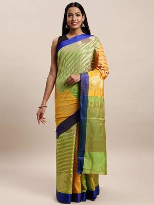 Sangam Prints Green & Orange Handloom Silk Woven Work Traditional Saree 1