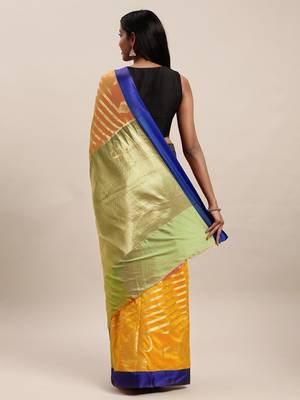 Sangam Prints Green & Orange Handloom Silk Woven Work Traditional Saree 2