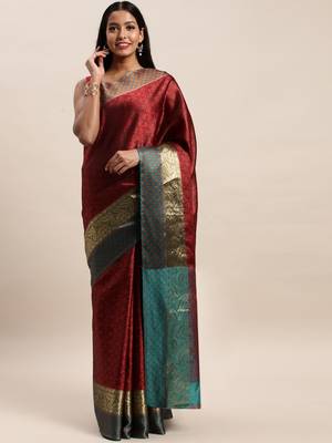 Sangam Prints Maroon Handloom Silk Woven Work Traditional Saree 1