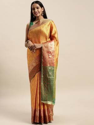 Sangam Prints Mustard Handloom Silk Woven Work Traditional Saree 1