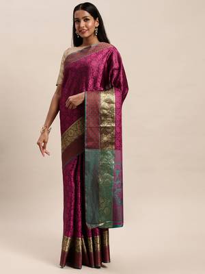 Sangam Prints Pink Handloom Silk Woven Work Traditional Saree 1