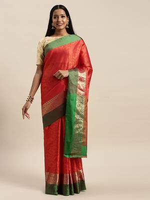 Sangam Prints Orange Handloom Silk Woven Work Traditional Saree 1
