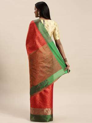 Sangam Prints Orange Handloom Silk Woven Work Traditional Saree 2