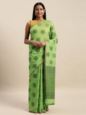 Sangam Prints Light Green Cotton Handloom Zari Work Traditional Saree 1
