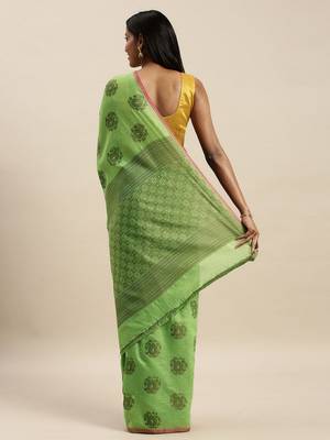 Sangam Prints Light Green Cotton Handloom Zari Work Traditional Saree 2