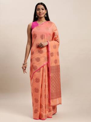 Sangam Prints Peach Cotton Handloom Zari Work Traditional Saree 1