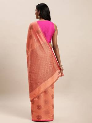 Sangam Prints Peach Cotton Handloom Zari Work Traditional Saree 2