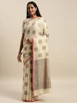 Sangam Prints Beige Cotton Handloom Zari Work Traditional Saree 1