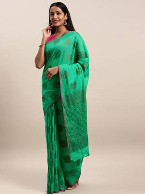 Sangam Prints Green Cotton Handloom Zari Work Traditional Saree 1