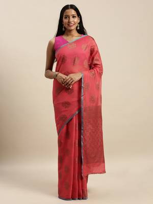 Sangam Prints Red Cotton Handloom Zari Work Traditional Saree 1