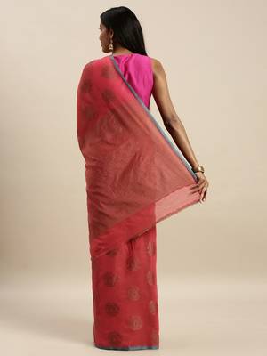 Sangam Prints Red Cotton Handloom Zari Work Traditional Saree 2