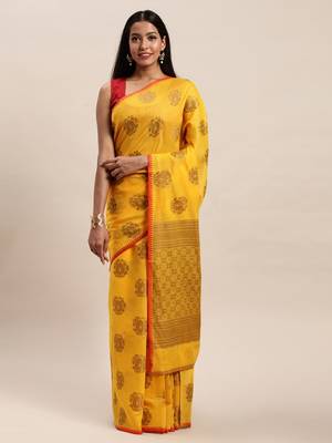Sangam Prints Mustard Yellow Cotton Handloom Zari Work Traditional Saree 1