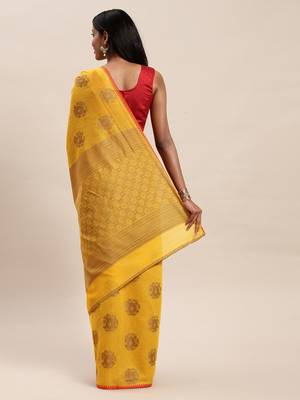 Sangam Prints Mustard Yellow Cotton Handloom Zari Work Traditional Saree 2
