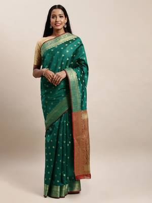 Sangam Prints Green Handloom Silk Jacquard Traditional Saree 1