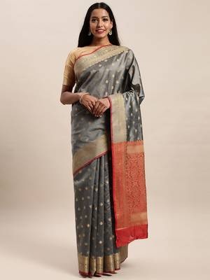 Sangam Prints Grey Handloom Silk Jacquard Traditional Saree 1