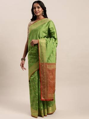 Sangam Prints Parrot Green Handloom Silk Jacquard Traditional Saree 1