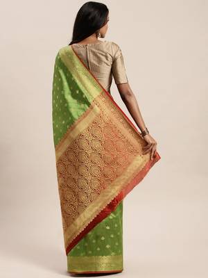 Sangam Prints Parrot Green Handloom Silk Jacquard Traditional Saree 2