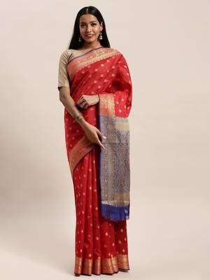 Sangam Prints Red Handloom Silk Jacquard Traditional Saree 1