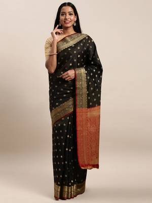 Sangam Prints Black Handloom Silk Jacquard Traditional Saree 1