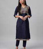 Navy-blue printed art silk kurtas-and-kurtis