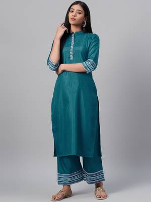 Teal printed art silk kurtas-and-kurtis 1