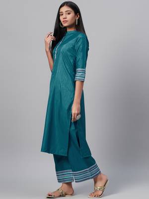 Teal printed art silk kurtas-and-kurtis 2