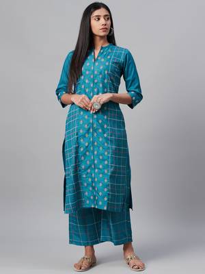 Teal printed art silk kurtas-and-kurtis 1