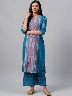 Teal printed art silk kurtas-and-kurtis 1