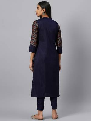 Navy-blue printed art silk kurtas-and-kurtis 3