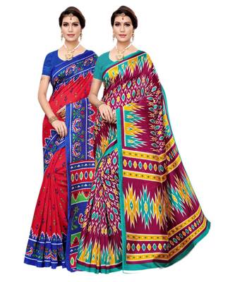 Multicolored Printed Art SIlk Saree With Unstitche blouse Piece 1