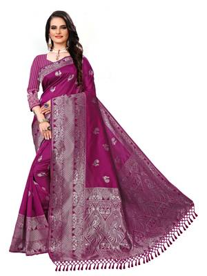 Magenta printed cotton art silk saree with blouse 1