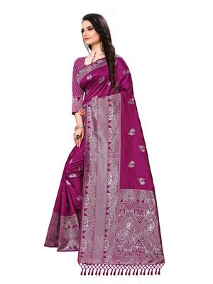 Magenta printed cotton art silk saree with blouse 2