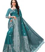 Light blue printed cotton art silk saree with blouse