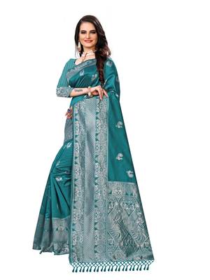Light blue printed cotton art silk saree with blouse 2