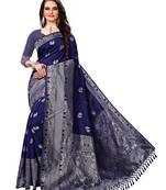 Navy blue printed cotton art silk saree with blouse