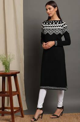 Janasya Women's Black Woolen Kurta 2