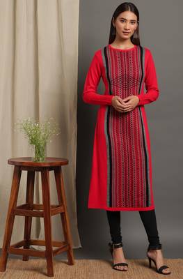 Janasya Women's Red Woolen Kurta 1