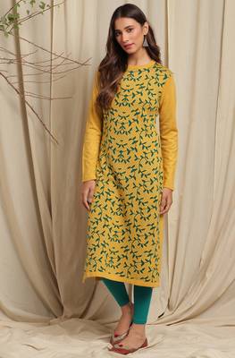 Janasya Women's Yellow Woolen Kurta 1
