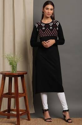 Janasya Women's Black Woolen Kurta 1