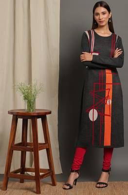 Janasya Women's Grey Woolen Kurta 1