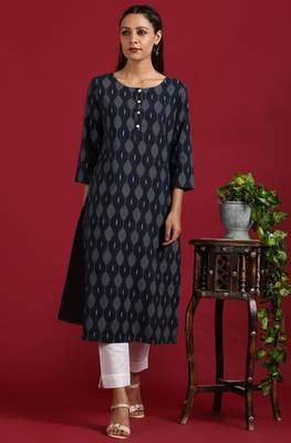 Navy blue printed cotton ethnic kurtis 1