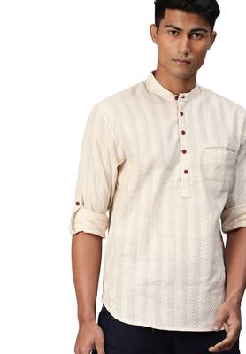 Beige woven pure cotton men-kurtas 1