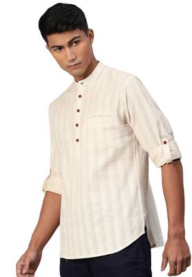 Beige woven pure cotton men-kurtas 3