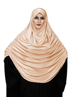 JSDC Women Skin Color Satin Lycra Plain Long Chaderi Abaya Hijab With Naqab & Frills Style 4