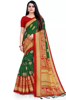 Green printed silk blend saree with blouse