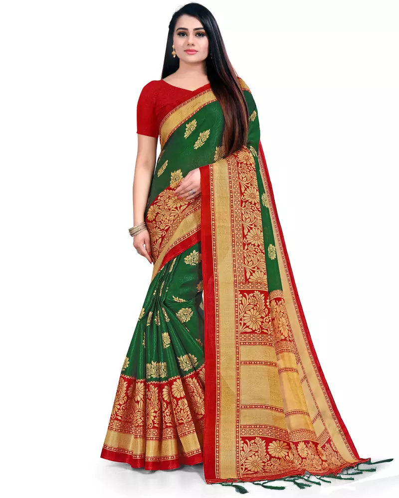 Green printed silk blend saree with blouse