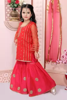 Red embroidered net kids salwar suits