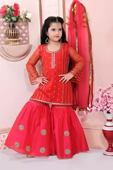 Red embroidered net kids salwar suits
