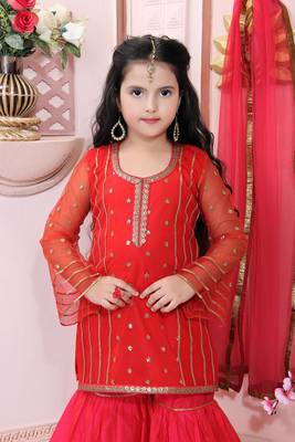 Red embroidered net kids salwar suits 4