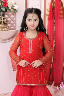 Red embroidered net kids salwar suits